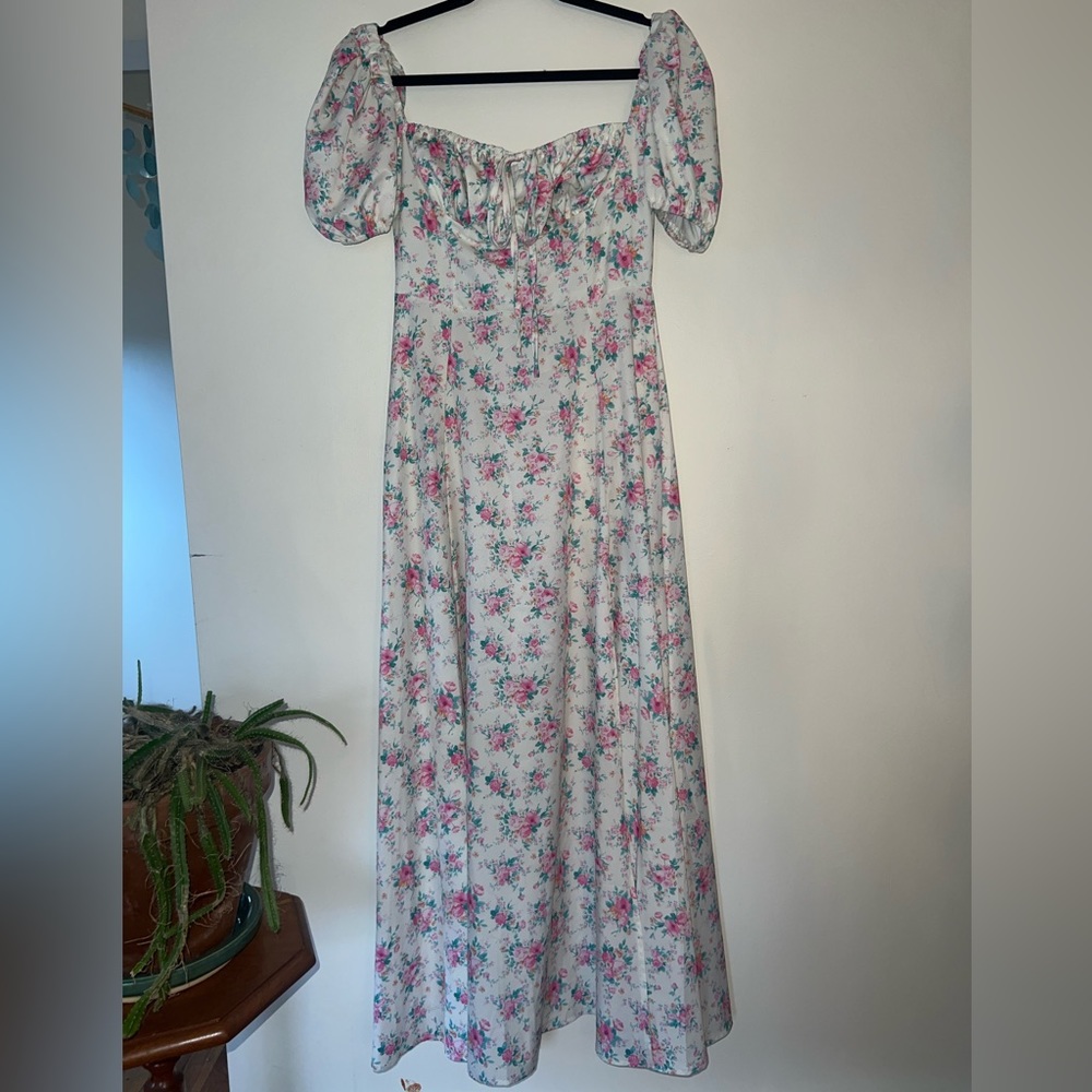 Floral Satin Square Neck Maxi Dress with Knee Slit and Puff Sleeves